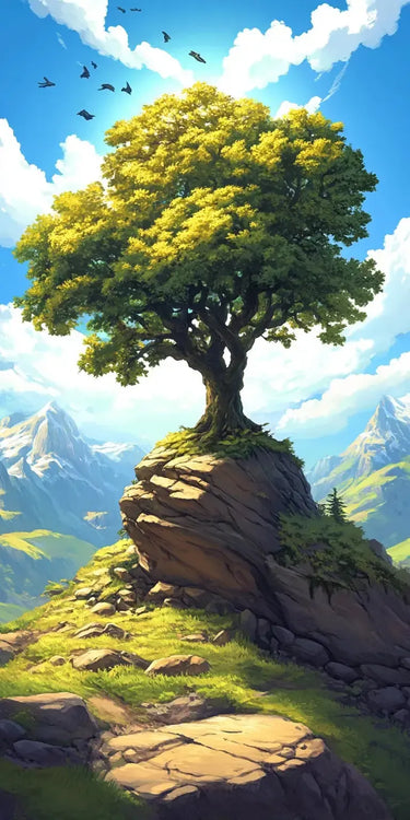 Yksinäinen puu seisoo vuoren huipulla, taustalla sininen taivas ja vuoret.